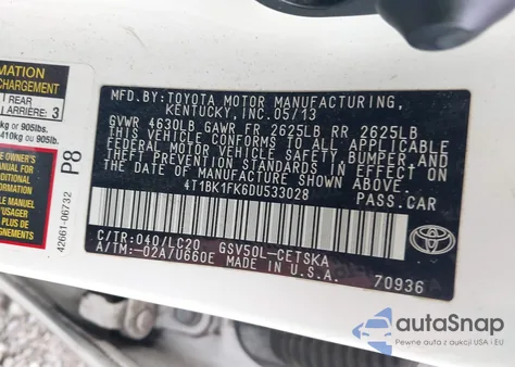 2013 Toyota Camry Se V6 из США, поврежденный, VIN 4T1BK1FK6DU533028